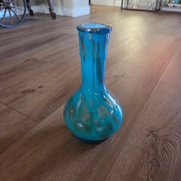 MCM Turquoise Blue Blown Glass Vase Metallic Gold Drips Art Glass - Picture 2 of 5
